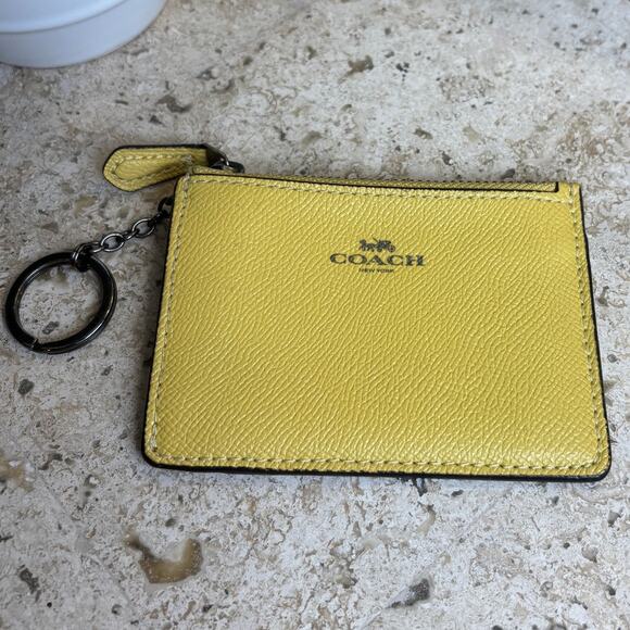 Coach Leather Crossgrain Mini Skinny ID & Wallet Key Chain Card Holder Yellow - Picture 1 of 3